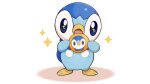  blue_eyes commentary_request holding no_humans official_art open_mouth piplup pokemon pokemon_(creature) project_pochama solo sparkle sparkling_eyes standing toes tongue white_background 