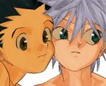  2boys bangs black_hair blue_eyes cheek-to-cheek closed_mouth face gon_freecss green_eyes hair_between_eyes heads_together highres hunter_x_hunter killua_zoldyck looking_to_the_side male_focus multiple_boys portrait silver_hair simple_background toripippi_7 white_background 