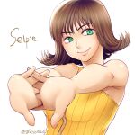  1girl breasts brown_hair character_name closed_mouth final_fantasy final_fantasy_viii flipped_hair green_eyes hatsutori interlocked_fingers looking_at_viewer own_hands_clasped own_hands_together selphie_tilmitt short_hair simple_background smile solo white_background 