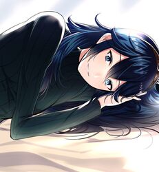  1girl ameno_(a_meno0) blue_eyes blue_hair fire_emblem fire_emblem_awakening flat_chest grin hair_between_eyes long_hair long_sleeves looking_at_viewer lucina_(fire_emblem) lying on_bed on_side smile solo sweater symbol-shaped_pupils tiara 