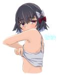  1girl alakoala black_hair breasts camisole hair_ribbon highres ishigaki_(kancolle) kantai_collection looking_at_viewer one-hour_drawing_challenge red_ribbon ribbon short_hair simple_background small_breasts solo upper_body violet_eyes white_background white_camisole white_ribbon 