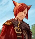  1boy animal_ears armor belt blaze_run77 braid cat_boy cat_ears chest_belt dated facial_tattoo final_fantasy final_fantasy_xiv g&#039;raha_tia hair_ornament jewelry leaf looking_at_viewer male_focus miqo&#039;te neck_tattoo necklace red_eyes red_robe redhead sash short_hair shoulder_armor signature sky slit_pupils solo symbol-only_commentary tassel tattoo upper_body x_hair_ornament 