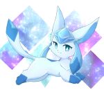  :3 animal_focus bangs blue_eyes blue_hair bright_pupils closed_mouth commentary diamond_(symbol) english_commentary from_side full_body glaceon happy highres kryztar long_hair looking_at_viewer lying no_humans on_stomach pokemon pokemon_(creature) smile solo split_mouth twintails white_pupils 