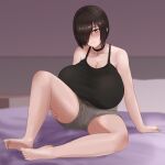  1girl black_eyes black_hair black_tank_top blurry blurry_background breasts brown_shorts choker collarbone gigantic_breasts hair_over_one_eye highres indoors nao_(ritsancrossover) on_bed original short_hair short_shorts shorts sitting sitting_on_bed solo tank_top 