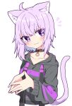  1girl :3 ahoge animal_collar animal_ear_fluff animal_ears bangs black_collar black_hoodie blush cat_ears cat_girl cat_tail closed_mouth collar collarbone commentary crossed_bangs eyebrows_visible_through_hair hololive hood hoodie long_sleeves looking_at_viewer nekomata_okayu notice_lines purple_hair rabiiandrain short_hair simple_background smile solo steepled_fingers tail tail_raised upper_body violet_eyes virtual_youtuber white_background 