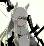  2021 animal_ear_fluff animal_ears arknights bow_(weapon) english_commentary expressionless frown highres horse_ears horse_girl looking_at_viewer octodeco platinum_(arknights) simple_background solo weapon white_hair yellow_eyes 