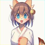  1girl animal_ears bangs bell blue_eyes blush brown_hair chatora_(0-furry-beast-0) clenched_hand eyebrows_visible_through_hair fang fox_ears fox_girl fox_tail furry furry_female hair_bell hair_ornament japanese_clothes miko open_mouth original portrait short_hair smile solo tail white_background 