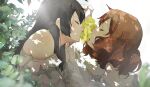  2girls bare_shoulders black_hair brown_hair closed_eyes dress eating faux_traditional_media food fruit grapes hand_up hibike!_euphonium highres holding holding_food kataru_(ubw-emiya) kousaka_reina long_hair long_sleeves multiple_girls oumae_kumiko plant short_hair strapless strapless_dress white_background white_dress 