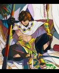  1boy abs black_pants brown_hair cape commentary ebanoniwa english_commentary fate/grand_order fate_(series) grin hair_between_eyes highres holding holding_staff letterboxed looking_at_viewer male_focus navel one_eye_closed ozymandias_(fate) pants sandals sitting smile solo staff white_cape yellow_eyes 