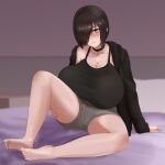  1girl black_eyes black_hair black_hoodie black_tank_top blurry blurry_background breasts brown_shorts choker collarbone gigantic_breasts hair_over_one_eye highres hood hood_down hoodie indoors long_sleeves nao_(ritsancrossover) on_bed open_clothes open_hoodie original short_hair short_shorts shorts sitting sitting_on_bed solo tank_top 