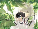  1girl arknights bangs camera closed_mouth green_eyes highres holding holding_camera hood hood_down hooded_jacket infection_monitor_(arknights) jacket necktie platinum_blonde_hair sakuwa scene_(arknights) short_hair side_ponytail solo white_jacket 