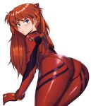 1girl ass blue_eyes blush bodysuit from_behind hair_over_shoulder interface_headset kevbot leaning_forward legs_together long_hair looking_at_viewer looking_back neon_genesis_evangelion orange_hair pantylines plugsuit red_bodysuit shiny shiny_clothes shoulder_pads solo souryuu_asuka_langley white_background wide_hips 