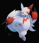  black_background claws commentary_request full_body kikuyoshi_(tracco) looking_at_viewer no_humans open_mouth pokemon pokemon_(creature) signature simple_background smile solo tongue white_fur zangoose 