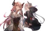  2girls azusa_(granblue_fantasy) bangs black_sleeves breasts commentary_request detached_sleeves eyebrows_visible_through_hair granblue_fantasy grey_hair hair_over_one_eye hood hood_down horns japanese_clothes kimono long_hair long_sleeves looking_at_viewer medium_breasts multiple_girls narmaya_(granblue_fantasy) pink_hair pointy_ears simple_background sitting sleeves_past_wrists tota_(sizukurubiks) very_long_hair white_background white_kimono wide_sleeves 