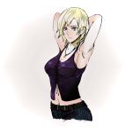  1girl armpits arms_behind_head arms_up aya_brea belt blonde_hair blue_eyes breasts closed_mouth denim highres innospirit jeans jewelry navel necklace pants parasite_eve parasite_eve_the_3rd_birthday short_hair simple_background solo white_background 
