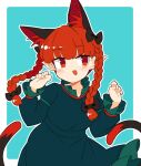  1girl :d animal_ears bangs black_bow blue_background border bow braid cat_ears cat_tail dress extra_ears eyebrows_visible_through_hair green_dress hair_bow ini_(inunabe00) juliet_sleeves kaenbyou_rin long_hair long_sleeves looking_at_viewer multiple_tails nekomata open_mouth outline pointy_ears puffy_sleeves red_eyes side_braids simple_background smile solo standing tail touhou twin_braids two_tails white_border white_outline 