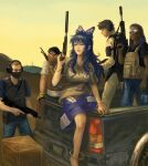  1girl 4boys amibazh anklet assault_rifle bangle barefoot blue_bow blue_eyes blue_hair blue_skirt bow box bracelet bulletproof_vest cactus covered_mouth damaged dark-skinned_male dark_skin day denim desert faux_traditional_media fine_art_parody glasses grey_hoodie ground_vehicle gun hair_bow heavy_machine_gun hood hoodie jeans jewelry long_hair machine_gun motor_vehicle multiple_boys ofuda ofuda_on_clothes outdoors pants parody rifle sand short_hair simple_background skirt sunglasses tagme touhou truck weapon white_background wooden_box yellow_sky yorigami_shion 