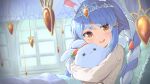  1girl :d =_= animal_ear_fluff animal_ears blue_hair blurry blurry_background braid brown_eyes bunny-shaped_pupils closed_eyes commentary_request depth_of_field don-chan_(usada_pekora) eyebrows_behind_hair frilled_pillow frills highres hololive hug indoors long_sleeves looking_at_viewer low_twintails multicolored_hair nano_(mianhua_maoqiu) nousagi_(usada_pekora) open_mouth pillow rabbit_ears shirt short_eyebrows smile thick_eyebrows tiara twin_braids twintails two-tone_hair under_covers usada_pekora virtual_youtuber white_hair white_shirt 