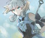  1girl armor blue_eyes bongu_znbr braid breasts cape crown_braid curly_hair gloves hat head_wings highres long_hair long_sleeves looking_at_viewer medium_breasts melia_antiqua silver_hair simple_background solo staff thigh-highs xenoblade_chronicles xenoblade_chronicles_(series) 