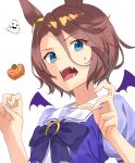  1girl absurdres animal_ears bat_wings blue_eyes bow bowtie brown_hair ear_ornament fangs ghost halloween highres hira_(hinakomochi) horse_ears horse_girl horseshoe_ornament jack-o&#039;-lantern looking_at_viewer narita_taishin_(umamusume) open_mouth puffy_short_sleeves puffy_sleeves pumpkin purple_neckwear purple_shirt sailor_collar sailor_shirt school_uniform serafuku shirt short_hair short_sleeves simple_background solo summer_uniform sweatdrop tongue tongue_out tracen_school_uniform umamusume upper_body white_background wings 