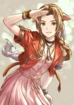  1girl aerith_gainsborough bracelet brown_hair cowboy_shot cropped_jacket dress final_fantasy final_fantasy_vii green_eyes grin highres hiro_ohtaki jacket jewelry looking_at_viewer pink_dress red_jacket salute smile solo 