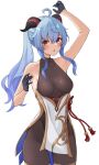  1girl :o absurdres ahoge arm_up armpits bangs bare_arms bare_shoulders black_gloves blue_hair blush bodystocking breasts chinese_knot cowboy_shot eyebrows_visible_through_hair flower_knot ganyu_(genshin_impact) genshin_impact gloves highres horns kopaka_(karda_nui) long_hair looking_at_viewer medium_breasts open_mouth ponytail red_eyes red_ribbon ribbon sidelocks simple_background tassel white_background 