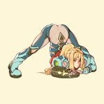  1girl armor ass bangs blonde_hair blue_eyes blush eyebrows_visible_through_hair flexible full_body guilty_gear hands_on_ground highres jack-o&#039;_challenge long_hair looking_at_viewer meme metroid metroid_dread oxcoxa power_armor power_suit samus_aran simple_background solo spread_legs top-down_bottom-up varia_suit white_background wide_spread_legs 