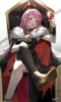  1girl absurdres alcohol asymmetrical_legwear black_nails cape crown cup dress drinking_glass fur-trimmed_cape fur_trim highres holding holding_cup hololive kyoro_ina long_hair mori_calliope pink_eyes pink_hair solo throne two-tone_cape virtual_youtuber wine wine_glass 