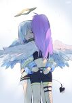 amane_kanata angel angel_wings bangs blue_hair colored_inner_hair demon_girl feathered_wings fishnet_legwear fishnets halo highres hololive hug kamejikiriga long_hair multicolored_hair multiple_girls purple_hair short_hair silver_hair single_thighhigh skirt tail thigh-highs tokoyami_towa virtual_youtuber wings