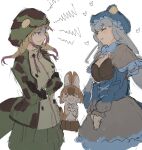  &gt;_&lt; 3girls african_rock_python_(kemono_friends) alenka animal_ears bangs bow bowtie brown_hair capelet closed_eyes crossed_arms dhole_(kemono_friends) dog_ears dog_tail drawstring dress eyebrows_visible_through_hair facing_another gloves grey_hair half-closed_eyes hands_up hat heart hood hood_up hooded_jacket jacket kemono_friends kemono_friends_3 komodo_dragon_(kemono_friends) lizard_tail long_hair long_sleeves looking_at_another multicolored_hair multiple_girls own_hands_together print_jacket shaded_face shirt sketch skirt sleeveless sleeveless_shirt smile snake_print snake_tail tail twintails two-tone_hair v_arms very_long_hair 