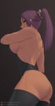  1girl ass bare_shoulders black_background black_legwear bleach breasts commentary_request cowboy_shot dark-skinned_female dark_skin from_side highres large_breasts leotard long_hair looking_back patreon_username ponytail profile purple_hair putcher shihouin_yoruichi sidelocks solo standing thigh-highs watermark web_address yellow_eyes 