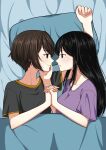  2girls absurdres black_hair brown_eyes brown_hair eye_contact hand_on_another&#039;s_face highres holding_hands interlocked_fingers long_hair looking_at_another lying multiple_girls on_bed original profile ryuusa short_hair smile under_covers violet_eyes yuri 