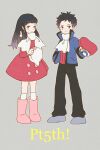  1boy 1girl bangs black_hair black_pants blue_jacket boots buttons closed_mouth coat commentary_request hikari_(pokemon) grey_background grey_eyes grey_footwear hat holding holding_clothes holding_hat jacket long_hair lucas_(pokemon) memi_(gamemix) pants pink_footwear pokemon pokemon_(game) pokemon_dppt pokemon_platinum red_coat scarf shoes short_hair simple_background smile spiky_hair standing white_legwear white_scarf 
