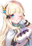  1girl bangs black_bow blonde_hair blue_eyes blush bow breasts elf eyebrows_visible_through_hair hair_bow hair_ornament highres large_breasts long_hair looking_at_viewer open_mouth pointy_ears princess_connect! ryuna_(inc_moon) saren_(princess_connect!) solo 