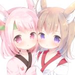  2girls :o animal_ear_fluff animal_ears bangs blush brown_hair commentary_request eyebrows_visible_through_hair facial_mark fox_ears hand_up headband japanese_clothes kimono long_hair looking_at_viewer multiple_girls original parted_lips pink_hair pink_kimono rabbit_ears rin_(fuwarin) simple_background sleeves_past_fingers sleeves_past_wrists upper_body violet_eyes whisker_markings white_background white_kimono 