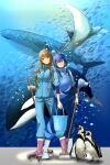  2girls apron aquarium bird blue_hair blue_pants blue_shirt boots broom brown_hair bubble bucket crab dolphin fujish highres holding holding_broom holding_bucket misakino_kukuru miyazawa_fuuka multiple_girls orca pants penguin pink_footwear shiroi_suna_no_aquatope shirt short_hair standing whale 