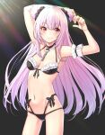  1girl armpits bikini black_bikini black_choker breasts choker closed_mouth contrapposto double_bun hair_ornament hair_scrunchie hands_up highres hololive long_hair mikan_(chipstar182) navel official_alternate_costume pink_hair purple_hair red_eyes scrunchie small_breasts smile solo stretch swimsuit uruha_rushia very_long_hair 