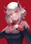  1girl :&lt; absurdres bangs black_horns black_jacket blush breasts closed_mouth demon_girl eyebrows_visible_through_hair grey_hair heart heart-shaped_pupils helltaker highres horns jacket large_breasts long_sleeves looking_at_viewer modeus_(helltaker) red_background red_eyes shiny shiny_hair short_hair solo symbol-shaped_pupils upper_body yoonsol 