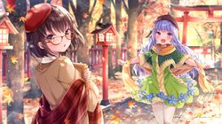  2girls :d autumn_leaves bangs beret blurry blurry_background blush book brown_headwear brown_scarf brown_sweater capelet character_request collared_shirt commentary_request day depth_of_field dress eyebrows_visible_through_hair glasses green_capelet green_dress hat leaf long_hair looking_at_viewer looking_back low_twintails mahjong_soul maple_leaf multiple_girls nemuri_nemu object_hug open_mouth outdoors pantyhose parted_lips plaid purple_hair red-framed_eyewear red_headwear scarf shawl shirt smile sweater torii tree twintails very_long_hair violet_eyes white_legwear white_shirt 