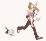  1boy 1girl arm_up boots bow brother_and_sister brown_footwear brown_hair brown_pants carrying closed_eyes commentary_request hair_bow hat jacket long_sleeves lucas_(pokemon) memi_(gamemix) open_clothes open_jacket open_mouth pants piggyback pink_footwear pokemon pokemon_(creature) pokemon_(game) pokemon_dppt pokemon_platinum red_bow red_shirt running scarf shinx shirt shoes short_hair siblings smile spiky_hair teeth upper_teeth white_scarf 