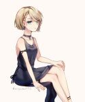  1girl aqua_eyes aryuma772 bare_arms bare_shoulders black_dress blonde_hair braid breasts choker collarbone crossed_legs dress earrings expressionless formal french_braid hair_over_one_eye hand_on_own_knee highres jewelry kagamine_rin looking_at_viewer serious short_hair sitting small_breasts solo twitter_username vocaloid 