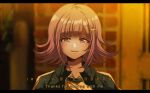  1girl bangs blurry blurry_background commentary criis-chan danganronpa_(series) danganronpa_2:_goodbye_despair english_text flipped_hair galaga hair_ornament jacket light_brown_hair looking_at_viewer medium_hair nanami_chiaki portrait shirt solo squid_game subtitled twitter_username 