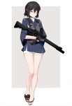  1girl absurdres ar-15 assault_rifle black_hair clothing_request expressionless gun highres looking_at_viewer military one_eye_closed original rifle sandals short_hair solo tagme vectorek watch weapon weapon_request 