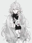  1boy black_shirt closed_mouth creature cup ebanoniwa fate/grand_order fate_(series) fou_(fate) grey_background highres holding holding_creature holding_cup long_hair male_focus merlin_(fate) messy_hair mug shawl shirt simple_background smile solo white_eyes white_hair 