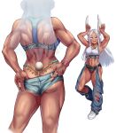  1girl abs absurdres animal_ears armpits arms_up ass bangs bare_arms bare_shoulders blush boku_no_hero_academia crop_top dark_skin full_body grey_hair gyaru hands_up highres long_hair midriff mirko muscular muscular_female nail_polish navel open_mouth pants parted_bangs rabbit_ears shoes short_shorts shorts solo toin_(koto54576897) torn_clothes torn_pants translucent_hair white_footwear white_hair 