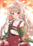 1girl :d animal_ear_fluff animal_ears autumn_leaves bangs black_bow blurry blurry_background blush book bow braid commentary_request depth_of_field dress eyebrows_visible_through_hair fang hair_bow hamico highres holding holding_leaf leaf long_hair long_sleeves looking_at_viewer low_twintails maple_leaf object_hug open_mouth original pinafore_dress red_dress red_eyes ribbed_sweater shawl sleeveless sleeveless_dress sleeves_past_wrists smile solo sweater tail turtleneck turtleneck_sweater twin_braids twintails very_long_hair white_sweater 