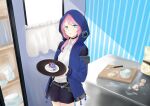  1girl arknights blue_jacket blue_poison_(arknights) blueberry cake commentary_request cup cutting_board dessert egg eggshell food fruit highres holding holding_plate hood hooded_jacket horizontal_pupils indoors jacket looking_at_viewer pink_hair plate shirt shorts solo twintails white_shirt 