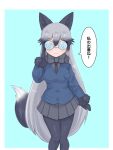  1girl adjusting_eyewear animal_ears aramaru bangs black_gloves black_legwear black_shirt black_skirt blazer blue_background blue_jacket border bow bowtie brown_eyes coke-bottle_glasses commentary eyebrows_visible_through_hair fox_ears fox_tail fur-trimmed_sleeves fur_collar fur_trim glasses gloves grey_hair highres jacket kemono_friends long_hair long_sleeves looking_at_viewer miniskirt necktie open_mouth outside_border pantyhose pleated_skirt round_eyewear shirt silver_fox_(kemono_friends) skirt smile solo standing tail translated very_long_hair white_border 