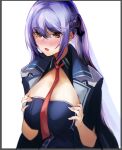 1girl :o azur_lane blush braid breasts brown_eyes eichi essex_(azur_lane) eyebrows_visible_through_hair french_braid hair_ribbon hands_on_own_chest highres large_breasts long_hair looking_down necktie open_mouth purple_hair red_neckwear ribbon solo twintails uniform upper_body white_background