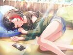 bang_dream! black_hair closed_eyes green_jacket mitake_ran official_art phone shirt short_hair sleeping